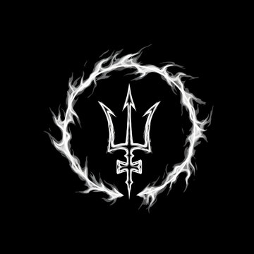 Trident symbol inside a glowing white fire circle