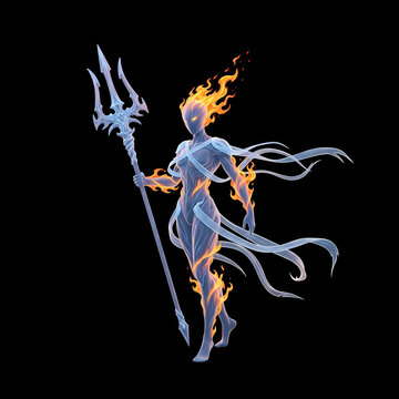 Fantasy fire spirit holding a glowing trident