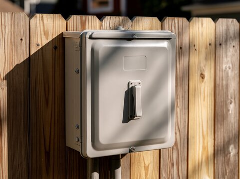 Closed grey electrical disconnect box mounted on a wooden fence beside outdoor condenser pad with hard side light