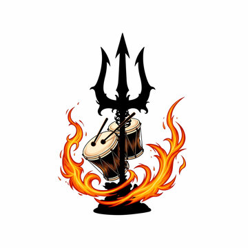Trident and drums illustration with fire flames