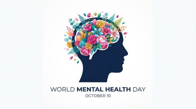 A conceptual illustration featuring a human head silhouette with a colorful brain explosion design to promote awareness and support for world mental health day events