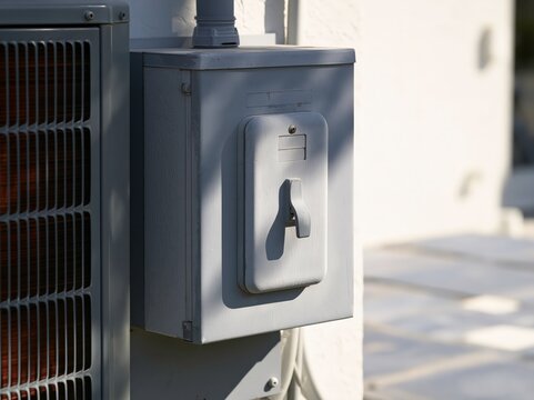 Closed grey electrical disconnect box mounted beside outdoor condenser pad with lever on side