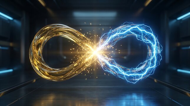 Glowing infinity symbol with oil liquid and electric plasma energy effects