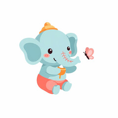 Obraz premium Cute baby elephant character with a butterfly