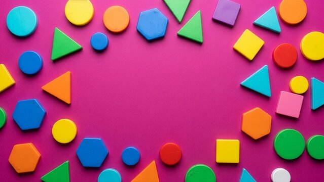 Colorful geometric shapes scatter across a vibrant magenta background, offering a playful and educational visual for design or learning.