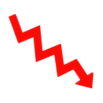 Red zigzag arrow pointing down showing decline isolated on transparent background