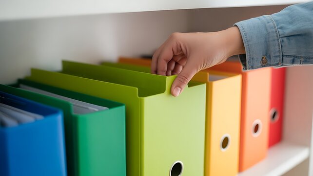 A Close-Up View of a Person Selecting a Brightly Colored Document File Folder From a Neat Office Bookshelf