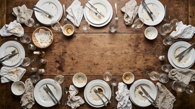Empty dirty plates with cutlery on a rustic wooden dining table top view