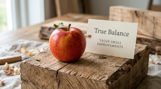 Fresh red apple sits on rustic wooden block next to a motivational paper card with text true balance value small improvements, providing an inspiring concept for healthy lifestyle habits and wellness.