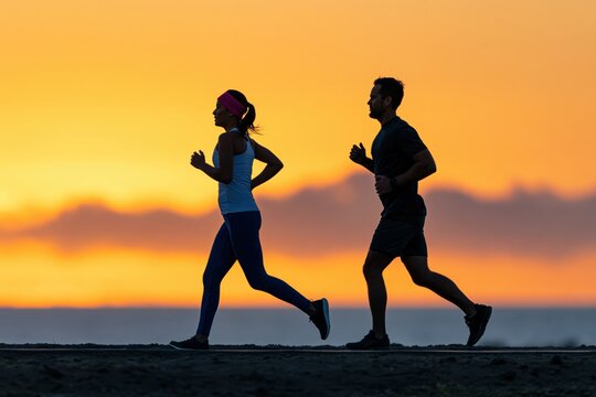 Silhouette of a couple jogging together at sunset for active fitness and training