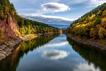 Naklejka premium Autumn landscape with a scenic river reflection in a valley of vibrant fall trees