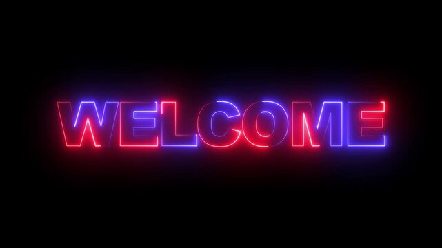 Neon welcome sign animation with glowing red and blue electric light effect on black background