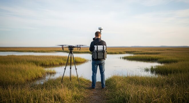 Drone operator surveys a wetland landscape with aerial technology and equipment