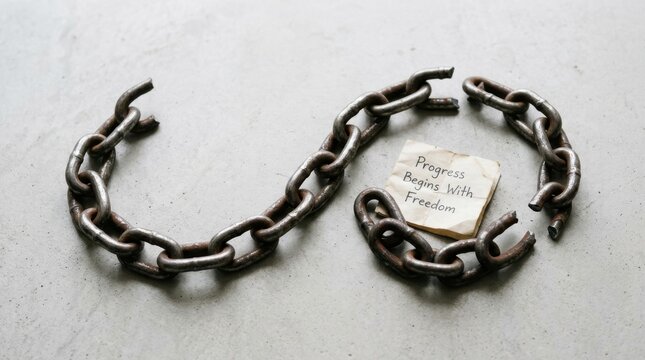 Heavy broken metal chain lying on concrete floor next to a small note stating progress begins with freedom, symbolizing liberation from constraints and new opportunities for growth and