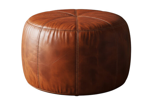 Brown leather ottoman footstool stool upholstered round seat stitched panels modern furniture home decor isolated cutout.