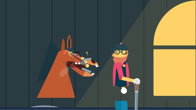 Humorous 2D animation of a horse vet floating teeth in a stable with a happy horse smiling at the end of the procedure