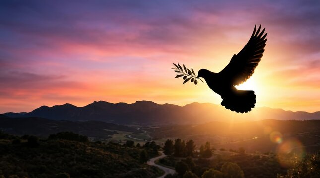 Silhouette of a graceful dove flying through a vibrant sunset sky while carrying a small olive branch over a mountainous landscape, representing universal peace and hope for a bright future right now.