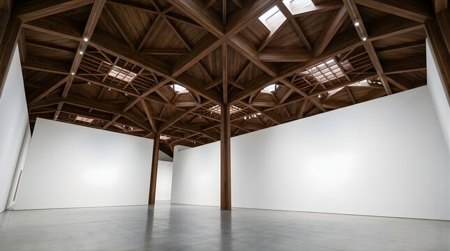 Large empty art gallery hall with wooden timber ceiling and white walls