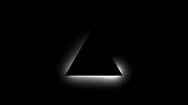 A solid black triangle centered on a dark background featuring a bright glowing white neon light effect surrounding the perimeter of the shape