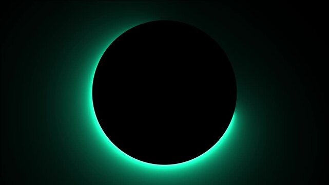 A solid black circle centered on a dark background featuring a vibrant glowing cyan neon light ring effect surrounding the perimeter of the shape