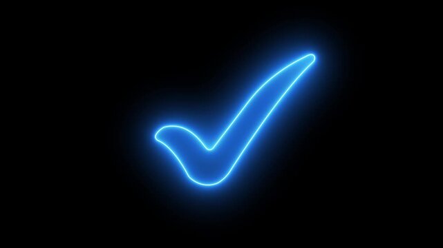 Glowing neon check mark symbol animation on black background, for ui