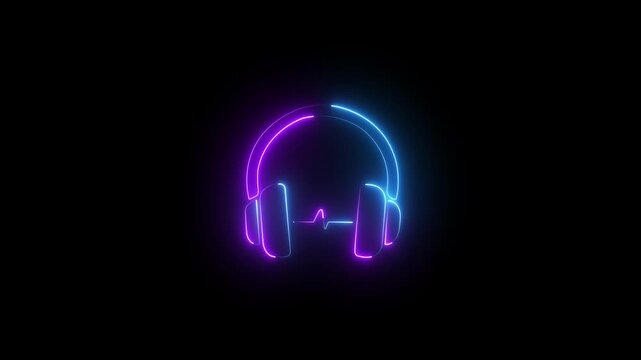 Neon headphones with pulsing audio waveform animation on black background
