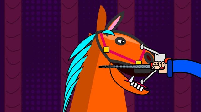 2D animation of a horse dentist filing the teeth of an Equus caballus using a rasp and speculum with scrape text effects against a purple background