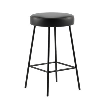 Modern industrial bar stool with matte black leather round seat and slender tapered metal legs isolated on white background, minimalist furniture design concept