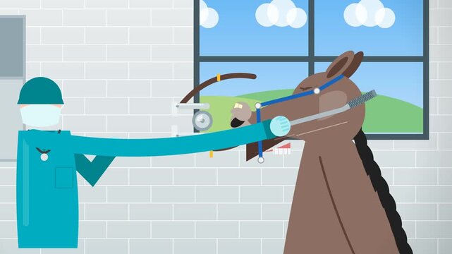 2D animation of a veterinarian floating the teeth of an Equus caballus in a clinic using a dental speculum and a rasp for equine oral care