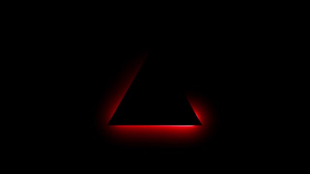 A solid black triangle centered on a dark background featuring a vibrant glowing red neon light effect surrounding the perimeter of the shape