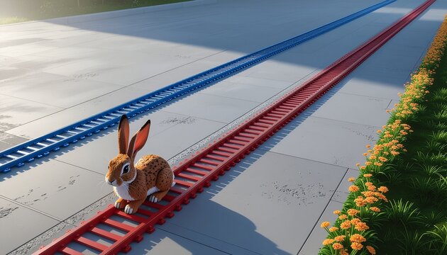 Hand-drawn rabbit footprints on LEGO path illustration. Easter bunny trail vector art on colorful toy brick road background
