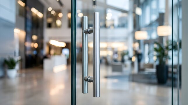 Modern glass door handle of an office building entrance with bokeh lobby