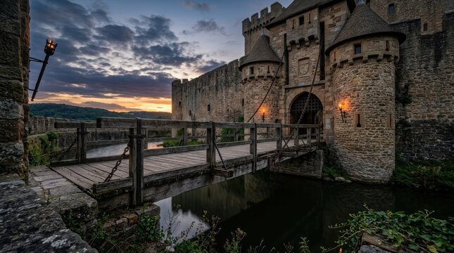 Ancient castle fortress bridge water dusk