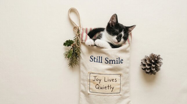 Adorable black and white tuxedo kitten sleeping peacefully inside a vintage cream Christmas stocking with inspirational text representing holiday warmth and seasonal joy for greeting cards and