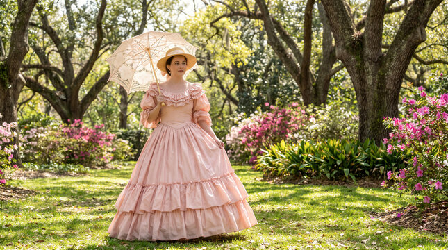 Southern belle woman holding lace parasol in voluminous soft blush gown walking through lush garden antebellum vintage fashion elegance historical plantation heritage