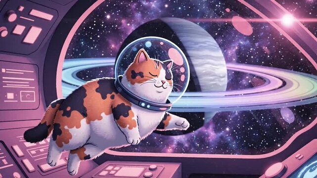 Calico cat astronaut floating inside futuristic spaceship cockpit.