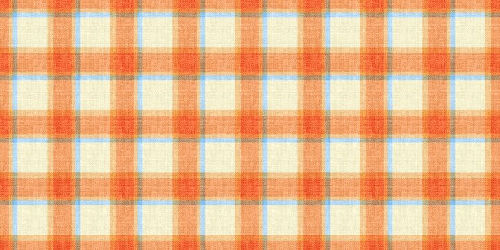 Bright and warm orange and cream tartan plaid with a light blue cross line. A seamless diagonal woven textile pattern for fashion and decor.