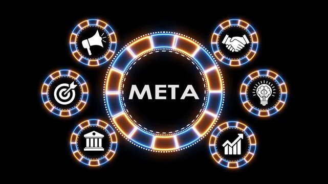 Abstract digital business interface with glowing neon circular icons and meta branding.
