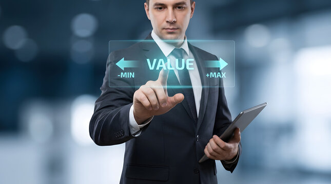 Professional businessman in a dark suit and tie adjusting a glowing digital value slider between min and max on a tablet in a modern office setting featuring technology, virtual and interface
