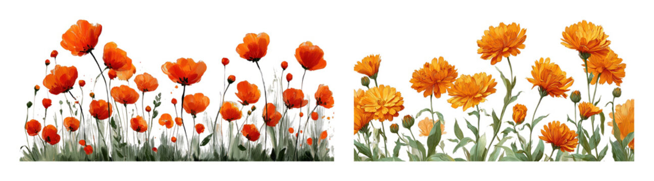 PNG Vibrant orange flowers in full bloom against clear sky, transparent background