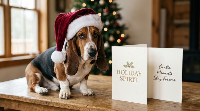 Adorable Basset Hound dog wearing a red Santa hat sits on a wooden table next to a festive greeting card with a Christmas tree background, capturing the cozy holiday spirit and cute pet celebration
