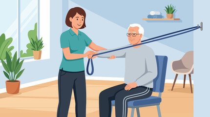 Obraz premium 2D Flat Vector Physical therapist assisting senior man with resistance band exercise for rehabilitation