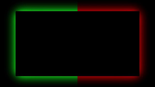 A rectangular frame with a split glowing green and red neon light border isolated on a solid black background for digital display and screen overlays
