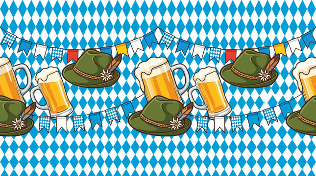 Oktoberfest seamless pattern: Beer mugs, Bavarian hats, and flags on blue diamond background.
