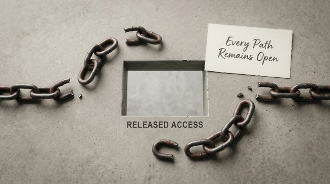 Broken metal chains lying on grey concrete surface near a rectangular hole labeled released access with an inspirational note saying every path remains open representing freedom and new
