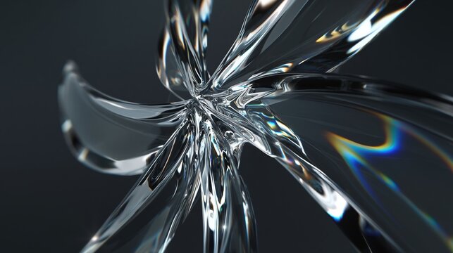 Abstract twisted transparent glass sculpture with rainbow refraction