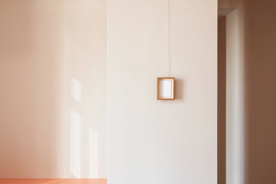 Minimal warm beige wall interior with small framed picture and shadows