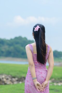 Woman in Pink Outfit at Sai Thong Reservoir in Nakhon Nayok, Thailand