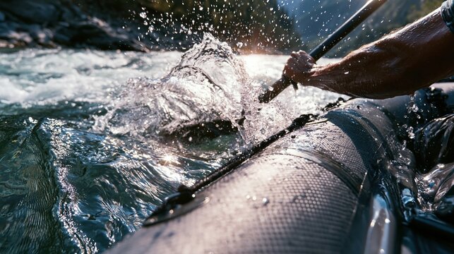 Kayaker paddling through whitewater splash summer water sport