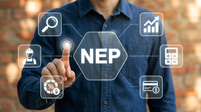 Businessman touching NEP icon on virtual screen for business growth strategy